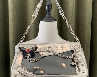Large ITA Handmade Bag Remake Handbag Purple color rivet chain Vintage punk rock handbag Window Bag DIY y2k bag for girl Pin Display bag