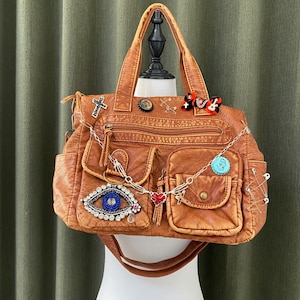Y2K Handmade Leather Bag Punk Retro Handbag Button Eye Design Tote Bag Big Capacity Bag for women girl gift travel bag cute bag shoulder bag