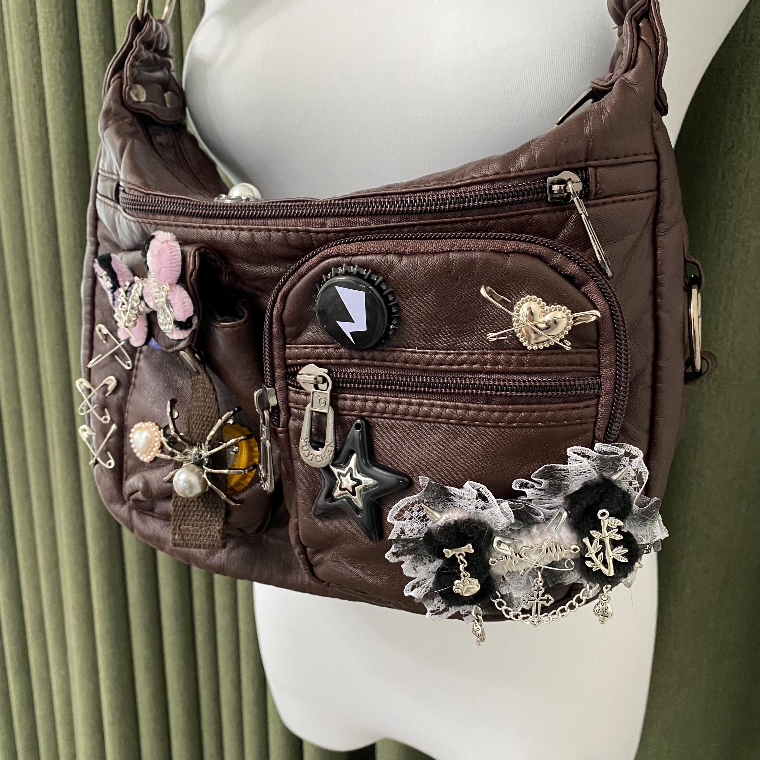 Y2K Remake Handmade Leather Tote Bag Retro Crossbody Bag Punk