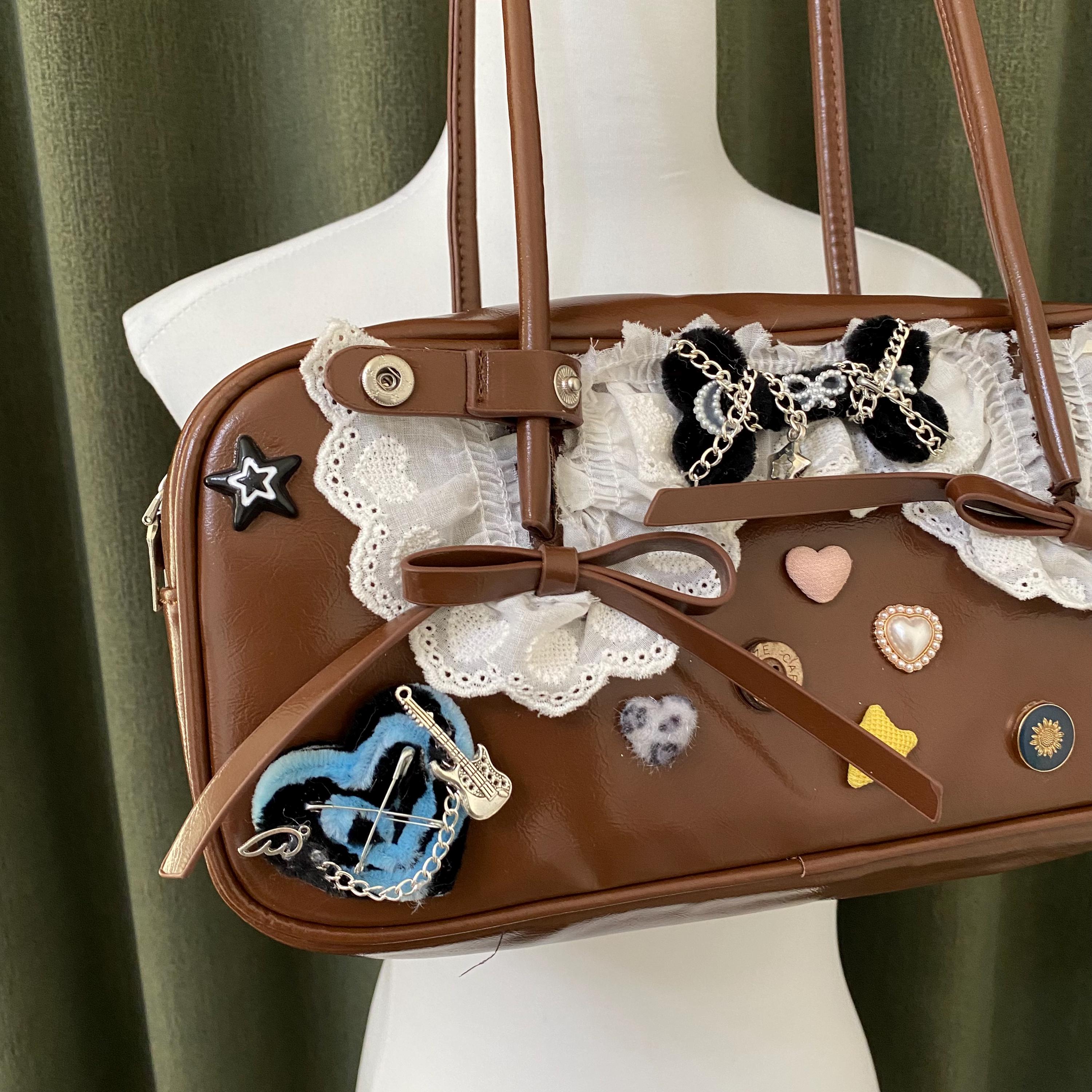 Y2K Remake Handmade Leather Bag Lace Bow Shoulder Bag Cute Y2K Remake Handmade Leather Bag Lace Bow Shoulder Bag Cute