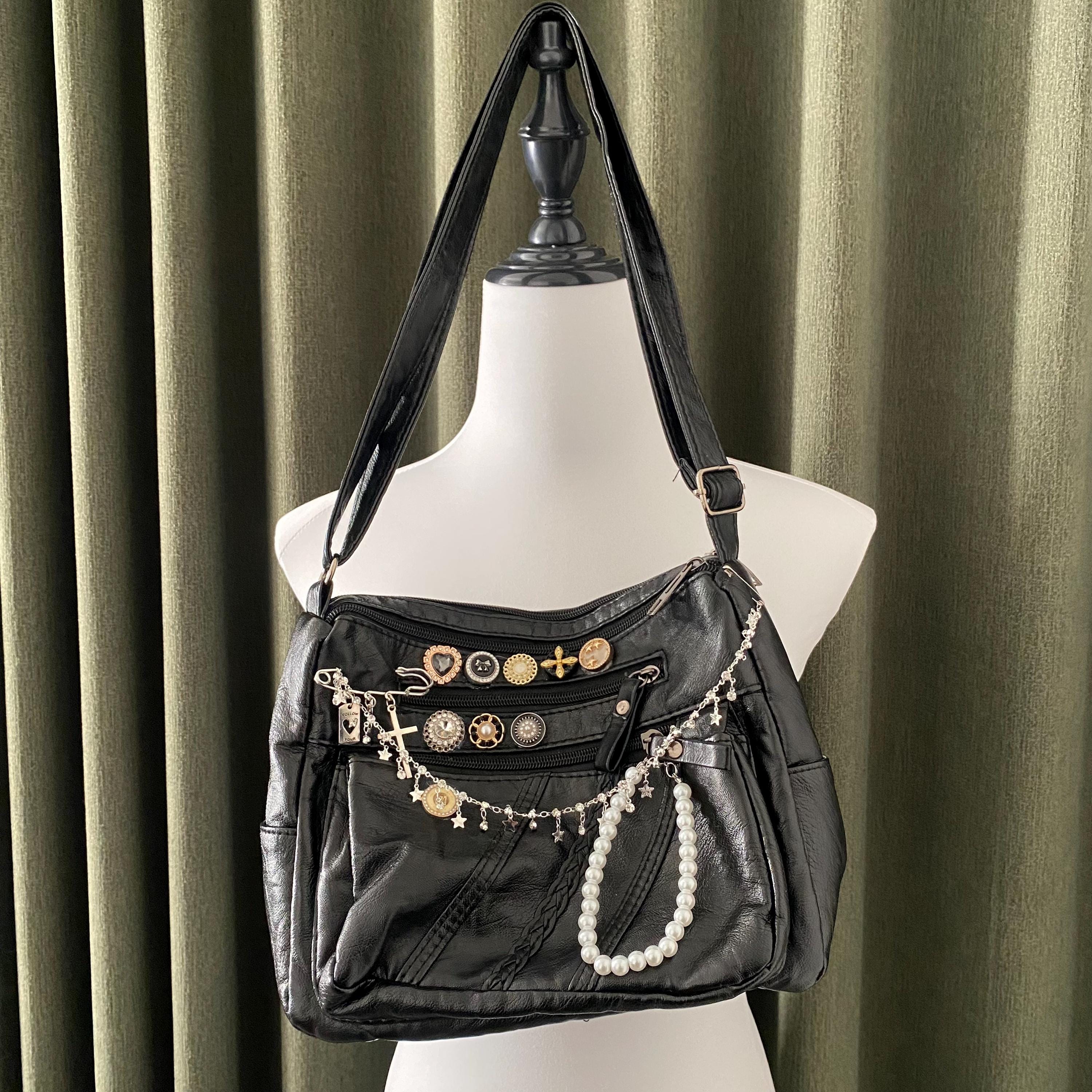 Y2K Retro Handmade Leather Shoulder Bag Button Chain Handbag Punk Tote Bag Pearl Crossbody bag for women travel party vintage bag