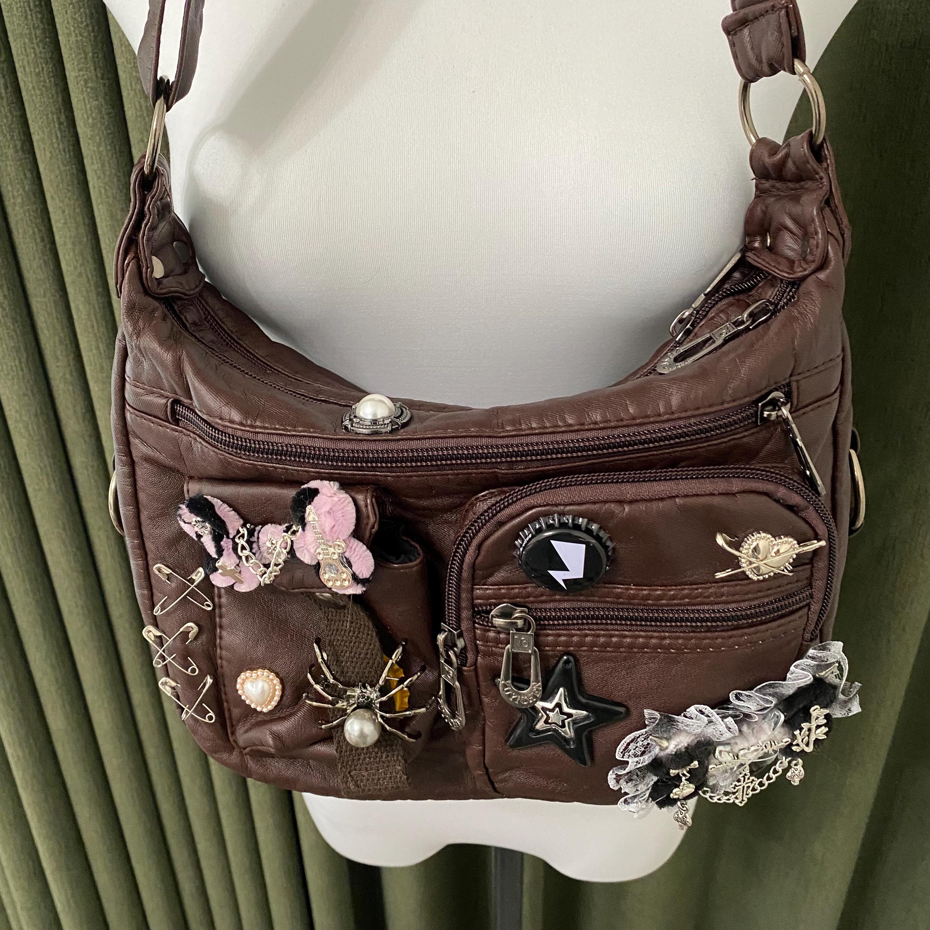 Y2K Remake Handmade Leather Tote Bag Retro Crossbody Bag Punk