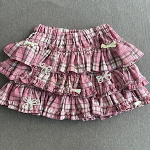 super cute pink plaid handmade remake skirt lolita skirt cute skirt bow skirt lace skirt y2k skirt for women girl party travel skirt