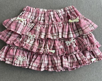 super cute pink plaid handmade remake skirt lolita skirt cute skirt bow skirt lace skirt y2k skirt for women girl party travel skirt