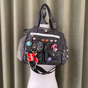 Y2K Handmade Remake Tote Bag Leather Handbag Big Capacity Crossbody Bag Cross Heart Accessories Bag Punk Style Bag for women girl Travel