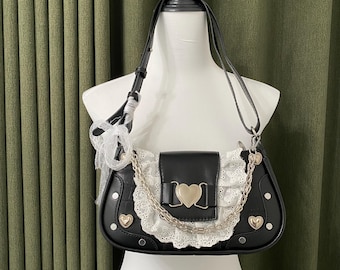 Y2K Remake PU leather Tote bag Handmade Shoulder bag Unique cute crossbody bag Retro Large Capacity Handbag gothic purse for women gift
