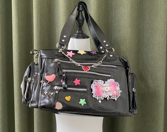 Y2K Remake Handmade PU Leather Tote Bag Button Lace Bow Shoulder Bag Retro Chain Handbag Large Capacity Messenger Bag Vintage Design Bag