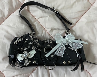 Bolso de hombro Y2K hecho a mano, estilo punk, gótico, con remaches de encaje, cruzado, para mujer, niña, viaje y fiesta