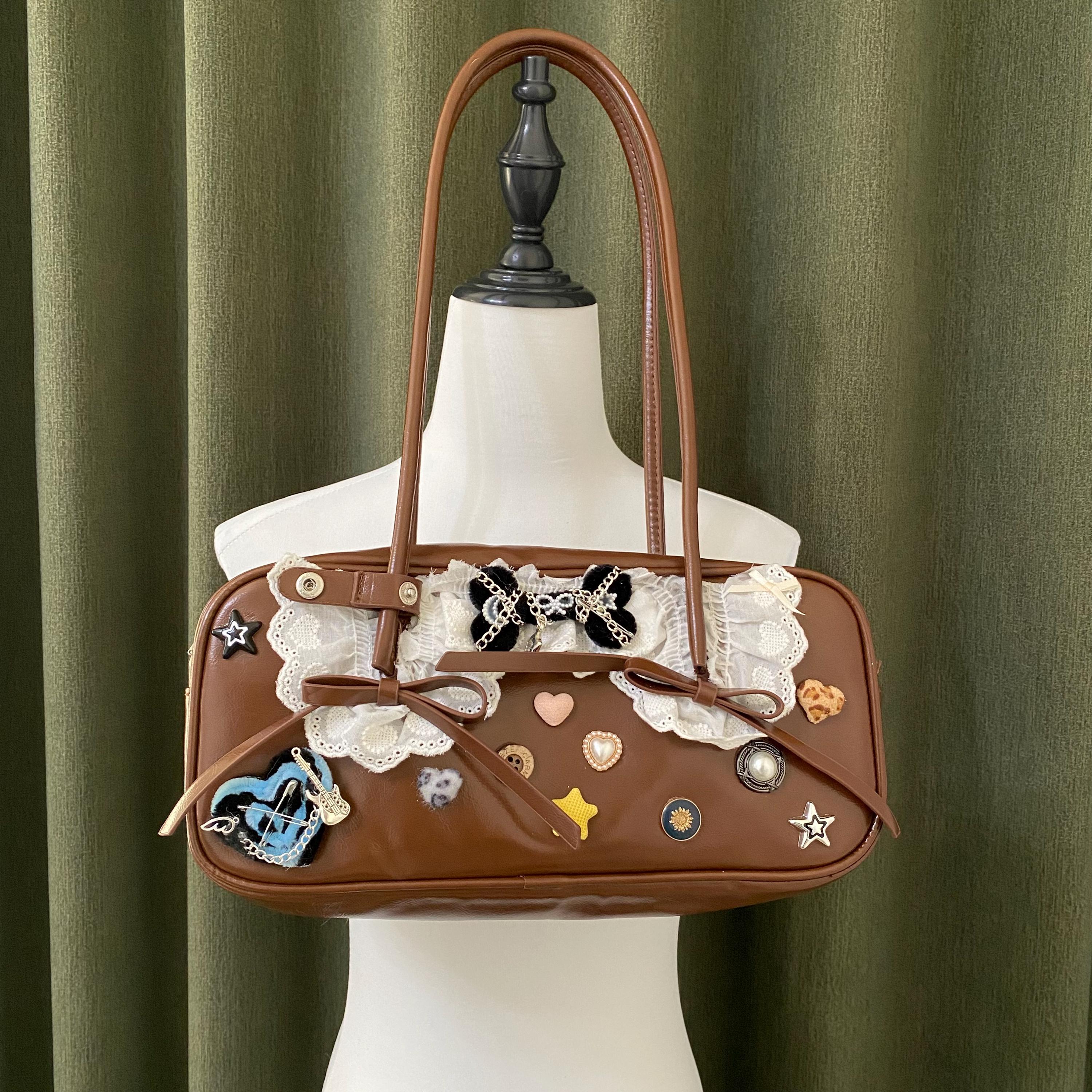 Y2K Remake Handmade Leather Bag Lace Bow Shoulder Bag Cute Handbag