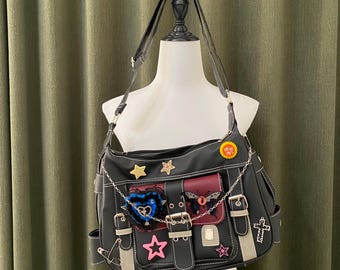 Y2K Handgjord Remake Läderväska Stor Kapacitet Axelväska Punk Crossbody Väska Gotisk Handväska För Kvinnor Flickor Resväska Stor Plånbok