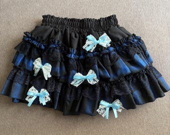 Y2K Black blue Lace Skirt Handmade Remake Reworked Skirt Punk Style SKirt grid skirt gothic skirt for women girl pleated skirt lolita skirt