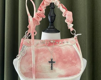 Handmade Ita Bag Remake Ita handbag Y2K Ita Shoulder Bag Punk Rivet Cross Ita bag windows bag pin display bag pin purse Leather ita bag