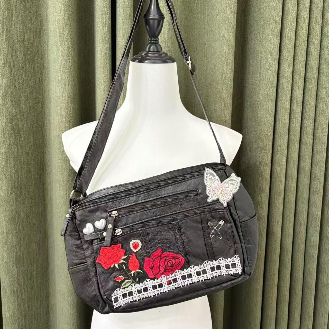 Y2K Handmade Remake Rose Leather Shoulder Bag Chain Handbag Punk 