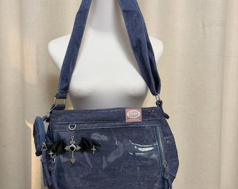 super cute denim ita bag remake handmade ita tote bag crossbody ita bag cross rivet ita bag y2k ita bag window bags pin display bags