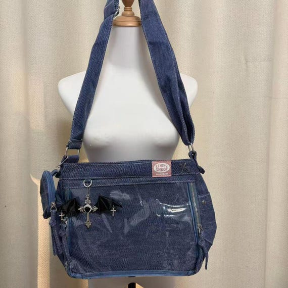 super cute denim ita bag remake handmade ita tote bag crossbody ita bag cross rivet ita bag y2k ita bag window bags pin display bags
