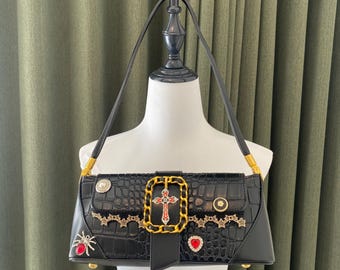 Handmade Remake Y2K Black Leather Bag Shoulder Bag Cross spider Tote Bag Lace Bag Travel Bag for women girl gift unique bag