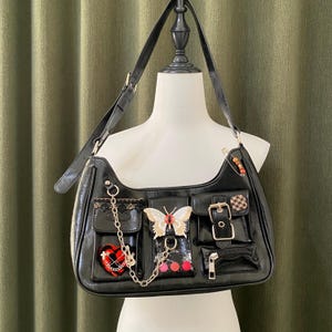Y2K Handmade Remake Leather Bag Butterfly Handbag Punk Tote bag button shoulder bag for women girl gift travel bag Cute Purse