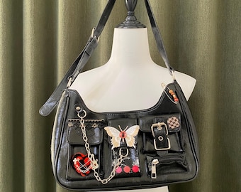Bolso de cuero estilo Y2K hecho a mano, bolso de mano con mariposa, bolso tote punk, bolso de hombro con botón para mujer, regalo para niña, bolso de viaje, bolso lindo