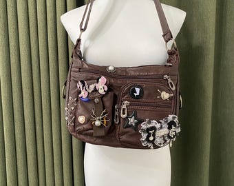 Y2K Remake Handmade Leather Tote Bag Retro Crossbody Bag