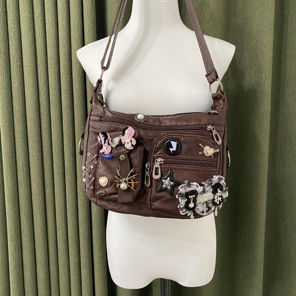Y2K Remake Handmade Leather Tote Bag Retro Crossbody Bag Punk Handbag Cute messenger bag for women girl gift and party school travel bag