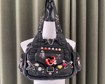 Y2K Remake PU Leather Tote Bag Handmade Shoulder Bag Unique Cute
