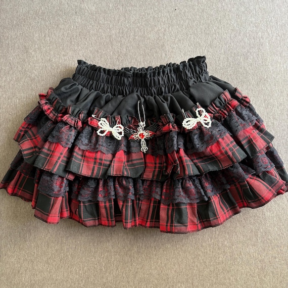 Y2K Black Red Lace Skirt Handmade Remake Reworked Skirt Punk Style SKirt grid skirt gothic skirt for women girl pleated skirt
