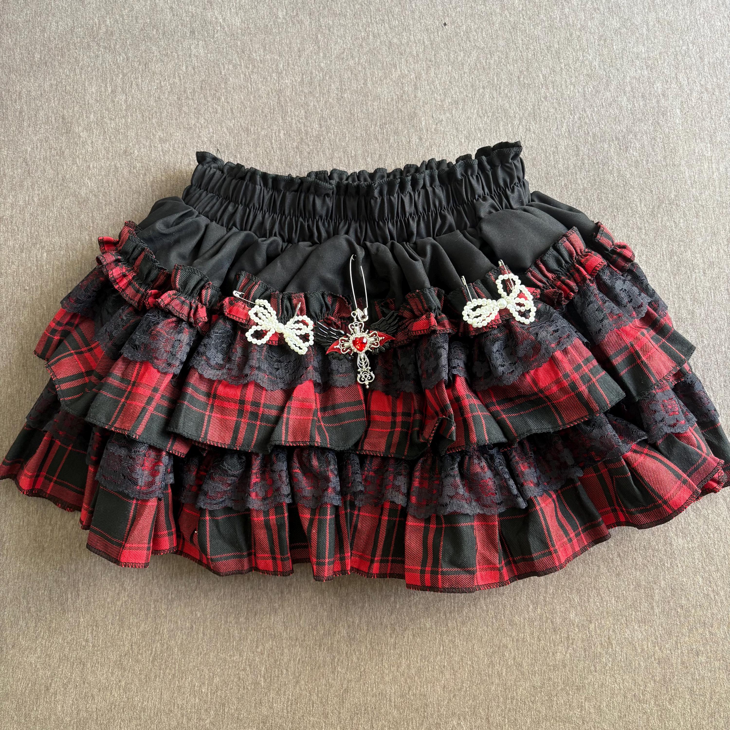Y2K Black Red Lace Skirt Handmade Remake Reworked Skirt Punk Style