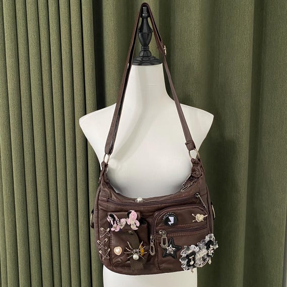 Y2K Remake Handmade Leather Tote Bag Retro Crossbody Bag Punk