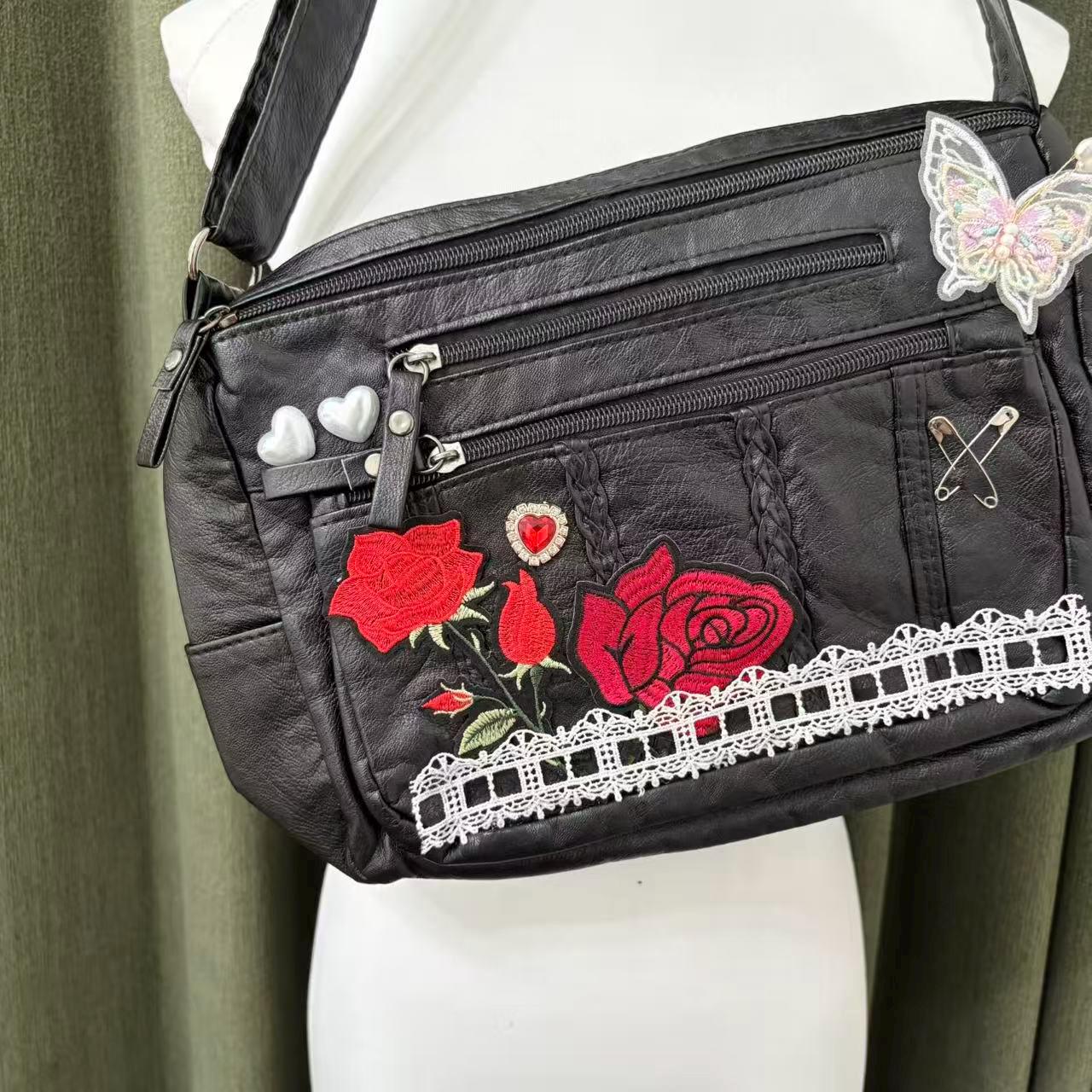 Y2K Handmade Remake Rose Leather Shoulder Bag Chain Handbag Punk 