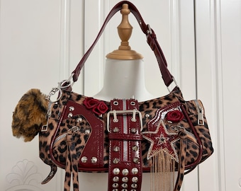 Y2K Handmade remake shoulder bag punk style handbag gothic bag y2k bag lace rivet bag cross bag for women girl travel party