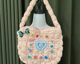 Y2K Remake Handmade Tote Bag Cute Button Handbag Punk Crossbody Bag Big Capacity Bag for women girl party travel bag