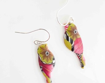 Beautiful Multi Hued Handmade Bird Polymer Clay Earrings with Hypo-allergenic Ear Wires