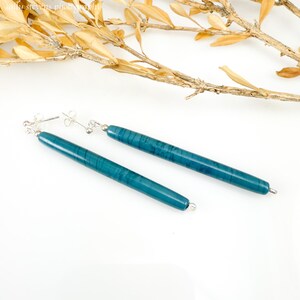 Beautiful Teal Hued Handmade Long Glass Minimalist Lampwork Bead and Sterling  Post Dangle Handcrafted Artisan Earrings