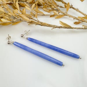 Beautiful Blue Hued Handmade Long Glass Minimalist Lampwork Bead and Sterling  Post Dangle Handcrafted Artisan Earrings