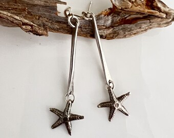 Fine Silver Artisan Starfish Post Dangle Earrings with Sterling Silver Findings