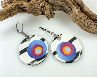 Handmade  Modern Solar Style Marquetry Circle Polymer Clay Earrings with Hypo-allergenic Surgical Steel Ear Wires