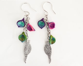 Sterling Silver Dangle Tropical Earrings with Handmade Silver Bird and Polymer Clay Petals