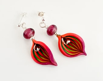 Multi-Hued Petal Shaped Polymer Clay Dangle Earrings, Glass Beads and Sterling Silver Posts