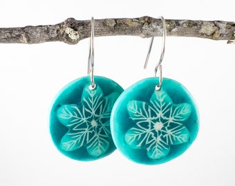 Beautiful Turquoise  Hued Handmade Polymer Clay Snowflake Earrings in disc shape with Hypoallergenic Ear Wires