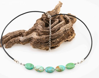 Adjustable Length Handmade  Artisan Turquoise Beads Necklace  with Sterling Findings and Leather