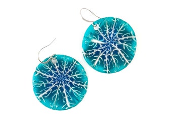 Big, Beautiful, Bold Turquoise  Hued Handmade Polymer Clay Snowflake Earrings in large disc shape with Hypoallergenic Ear Wires