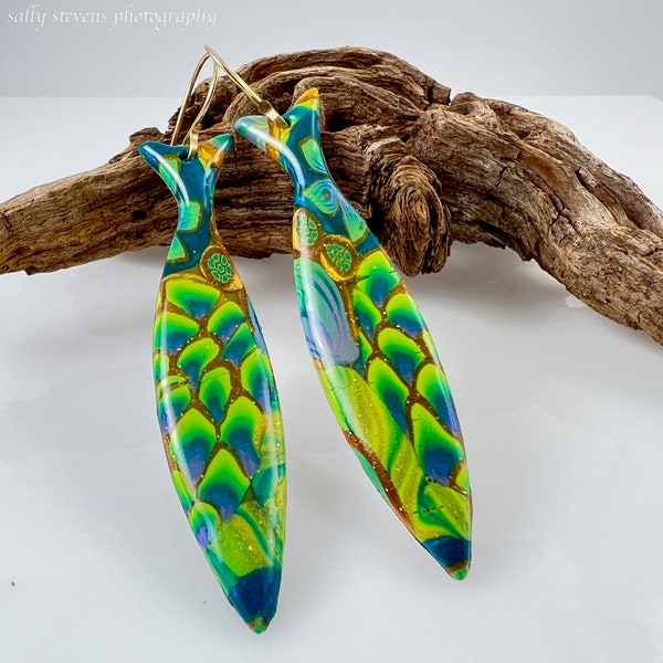 Handmade  Peacock Shades in Fish Shape Polymer Clay Earrings with Hand Forged Gold Filled Ear Wires