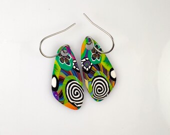 Beautiful Multi Hued Handmade Irregular Triangle Polymer Clay Earrings with Hypo Allergenic Ear Wires