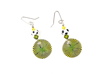 Handmade Polymer Clay, LWB, Swarovski Crystal and Sterling Silver Artisan Dangle Earrings Yellow, Green, Black and White