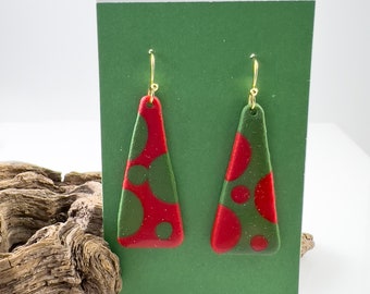 Handmade Triangular Tree Shape with Marquetry Christmas Colors Design in Polymer Clay with Hypoallergenic Silver Plated Ear wires