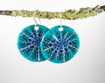 Beautiful Turquoise  Hued Handmade Polymer Clay Snowflake Earrings in disc shape with Hypoallergenic Ear Wires