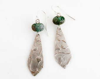 Handmade Metal Clay and Sterling Silver Artisan Dangle Earrings with Aqua LWB