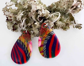 Beautiful Multi Hued Handmade Teardrop Polymer Clay Earrings with Hypo-allergenic Ear Wires