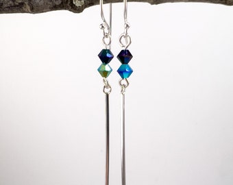 Minimalist Sterling Silver Bar Stick and Swarovski Crystal Earrings on Sterling Wires