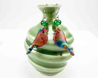 Beautiful Multi Hued Handmade Bird Polymer Clay Earrings with Lamp Work Bead, Silver Ear Wires